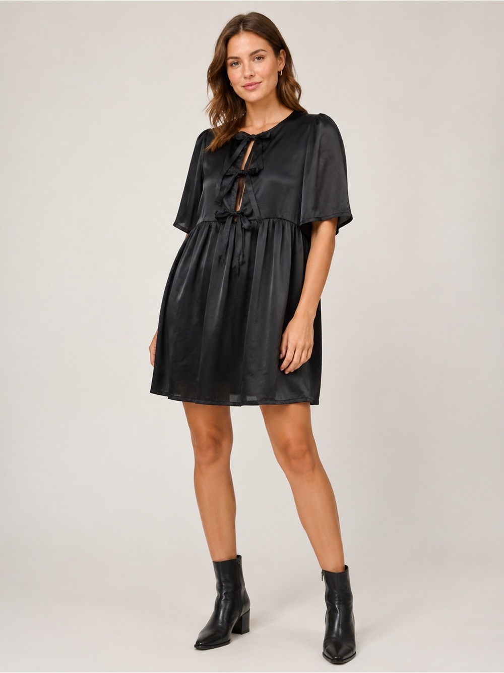 Noisy May Women’s Large Leyla Black Puff Sleeve Tie Front Dress Babydoll
